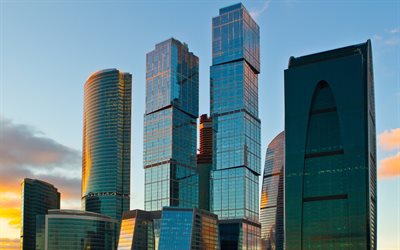 moskva stad, ryssland, skyskrapor, moskva, solnedgång, stad