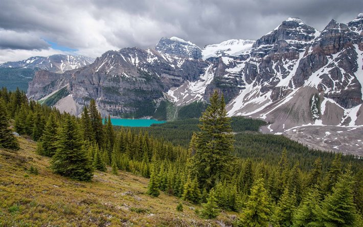 las montañas, las nubes, el verano, el lago moraine, parque nacional de banff, bosque, canadá, moraine lake, alberta