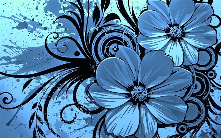 flowers, grunge, abstraction, blue background