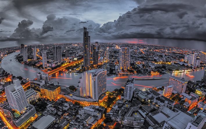 bangkok, thailand, skyskrapor, ljus, kväll