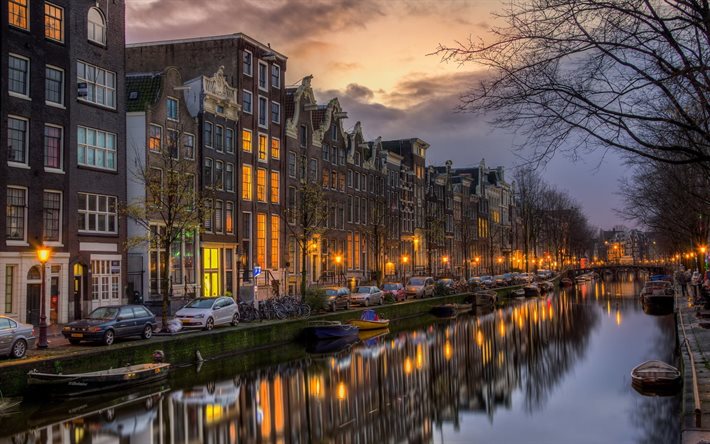 holland, amsterdam, le canal, la nuit