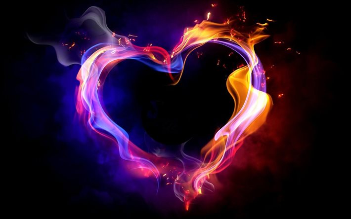 heart, fire, abstraction, black background