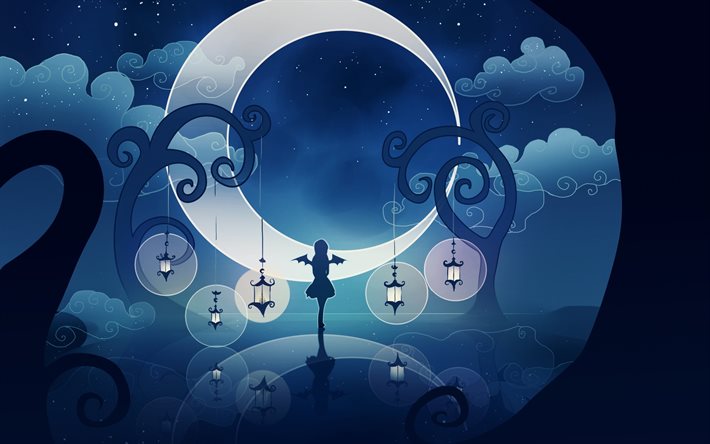 wings, the moon, girl, night, abstraction