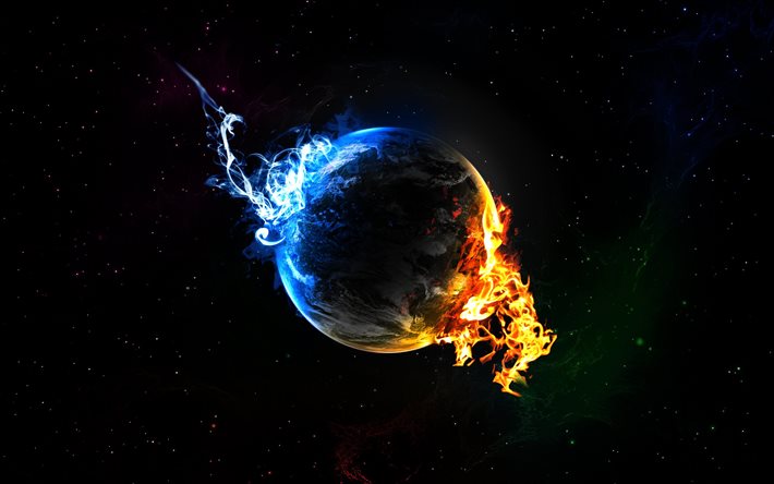 planet, fire, flames, space