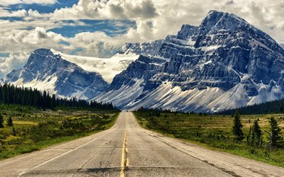 der himmel, berge, wolken -, straßen -, sommer -, alberta, kanada, icefields parkway