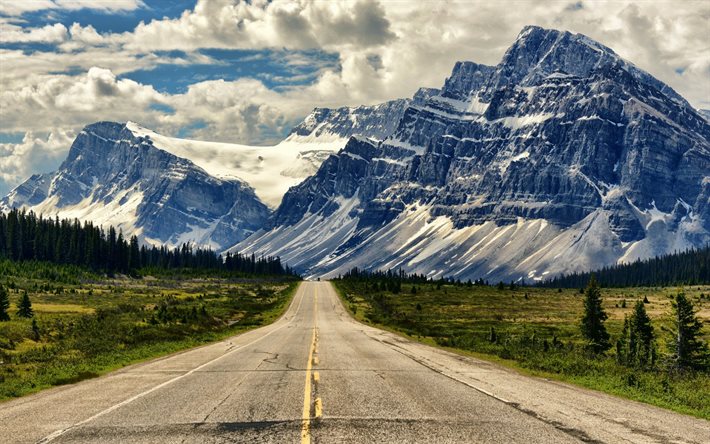 السماء, الجبال, الغيوم, الطريق, الصيف, ألبرتا, كندا, icefields parkway