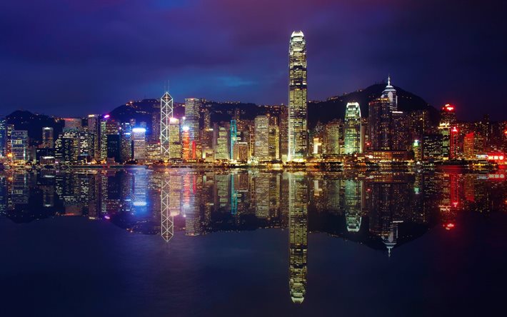 hong kong, skyscrapers, reflection, night city