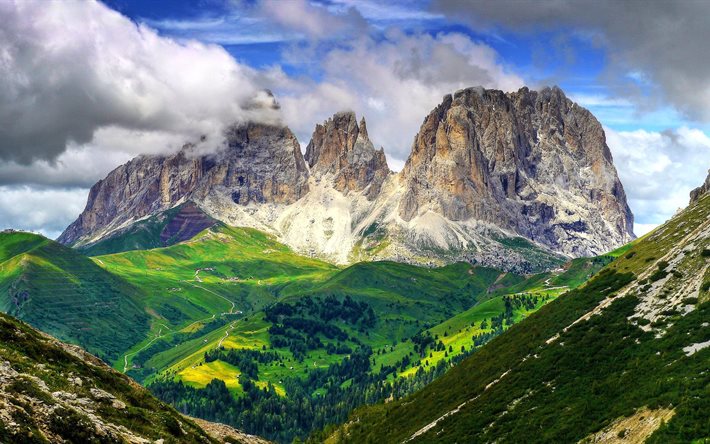 the slopes, clouds, dolomites, mountains, italy