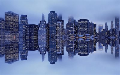 のハーバー, 反射, 高層ビル群, マンハッタン, ニューヨーク, 米国