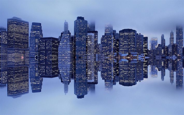 el puerto, la reflexión, la de los rascacielos de manhattan, nueva york, estados unidos