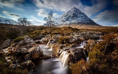 mountains, river, scotland, stones, cascades, waterfalls