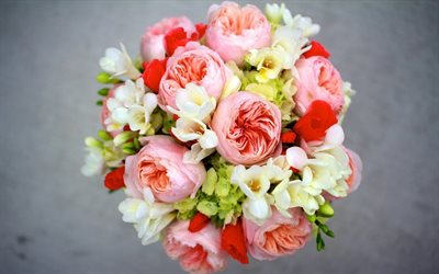 freesia, bouquet, peonies