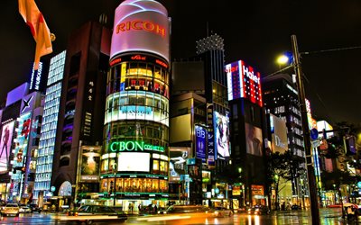 japão, tóquio, lojas, arranha-céus, noite
