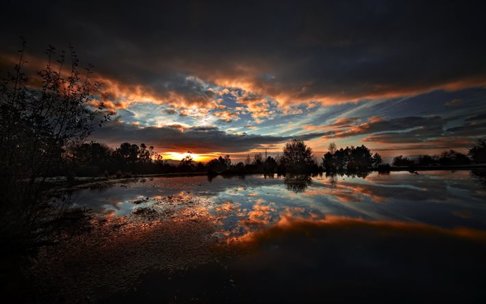 sjön, kvällslandskap, moln, reflektion