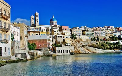 ilha de syros, mar egeu, grécia, cidade, as cíclades