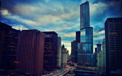 el estado de illinois, en chicago, por la noche, la ciudad, rascacielos, estados unidos