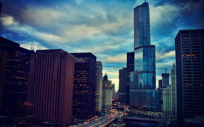 illinois, chicago, kväll, staden, skyskrapor, usa