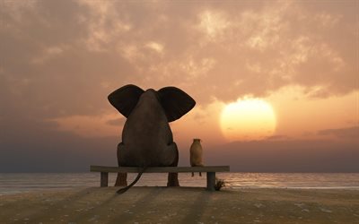 el perro, el elefante, puesta de sol, tienda de