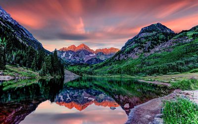 maroon bells, colorado, el lago, estados unidos, puesta de sol, granate lake