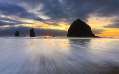 America, beach, ocean, rocks, sunset, Oregon, USA