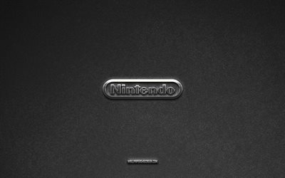 Nintendo logo, brands, gray stone background, Nintendo emblem, popular logos, Nintendo, metal signs, Nintendo metal logo, stone texture
