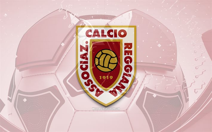 AC Reggiana 1919 glossy logo, 4K, purple football background, Serie B, soccer, italian football club, AC Reggiana 1919 3D logo, Benevento emblem, AC Reggiana 1919 FC, football, sports logo, AC Reggiana 1919
