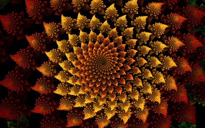 4k, arrière plans de fractales brunes, vortex, art abstrait, créatif, ornements floraux, art fractal, arrière plans abstraits, motif chaotique abstrait, motif de fractales florales, fractales