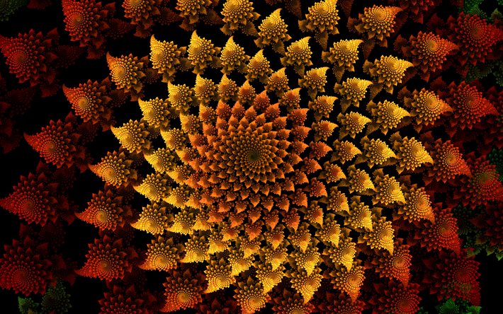 4k, arrière plans de fractales brunes, vortex, art abstrait, créatif, ornements floraux, art fractal, arrière plans abstraits, motif chaotique abstrait, motif de fractales florales, fractales
