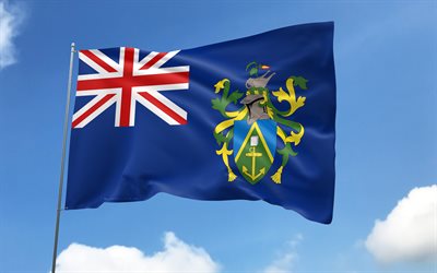 Pitcairn Islands flag on flagpole, 4K, Oceanian countries, blue sky, flag of Pitcairn Islands, wavy satin flags, Pitcairn Islands flag, Pitcairn Islands national symbols, flagpole with flags, Day of Pitcairn Islands, Oceania, Pitcairn Islands