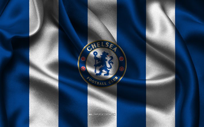 4k, Chelsea FC logo, blue white silk fabric, English football team, Chelsea FC emblem, Premier League, Chelsea FC, England, football, Chelsea FC flag