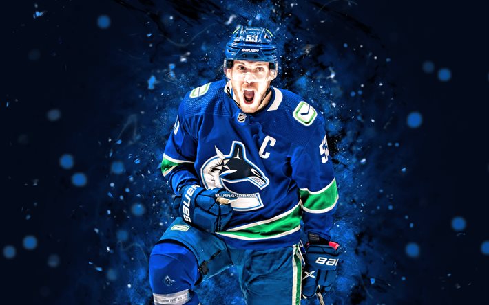 Bo Horvat, 4k, blue neon lights, Vancouver Canucks, NHL, hockey, Bo Horvat  4K, blue abstract background, Bo Horvat  Vancouver Canucks