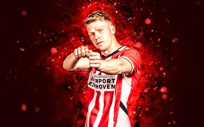 Jerdy Schouten, 4k, red neon lights, PSV Eindhoven, Eredivisie, Dutch footballers, Jerdy Schouten 4K, football, soccer, Philips Sport Vereniging, PSV, Jerdy Schouten PSV