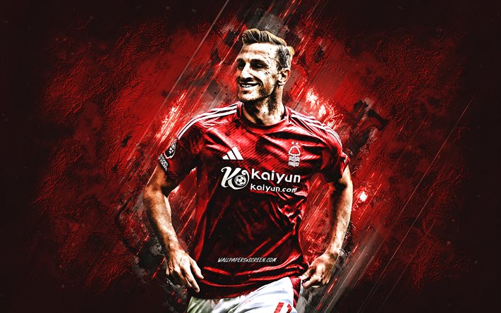 chris wood, nottingham forest fc, football néo zélandais, fond de pierre rouge, grunge, football, premier league, christopher grant wood