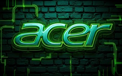 4k, acer logo aus grünem metall, dunkelheit, kreativ, grüner brickwall hintergrund, marken, acer neon logo, drähte, elektronik, acer logo, acer 3d logo, acer