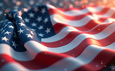 bandera americana, 4k, bokeh, 4 de julio, bandera de estados unidos, de cerca, bandera de tela de ondas 3d, día de la independencia, bandera americana de tela, estados unidos, eeuu, cuatro de julio, bandera de tela de estados unidos