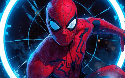 hombre araña, 4k, anillos de neón azules, superhéroes, cómics marvel, arte grunge, arte del hombre araña, obra de arte, hombre araña 4k