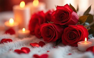 velas acesas, feliz dia dos namorados, 14 de fevereiro, rosas vermelhas, buquê romântico, buquê de rosas vermelhas, botões de rosa vermelha