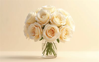 bouquet de roses beiges, bouquet de mariage, roses dans un vase, roses beiges, bouquet de mariée, beau bouquet de roses, fond beige, roses