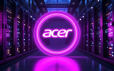 logo acer viola al neon, 4k, oscurità, marchi di elettronica, rack per data center, opera d'arte, logo dell'acer, bokeh, logo dei marchi, logo acer al neon, acer, marchi, logo verde acer