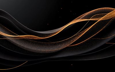 fundo de ondas pretas com veios dourados, 4k, fundo de ondas 3d, fundo de ondas negras, veios de ouro, quedas negras 3d, elegante fundo preto e dourado