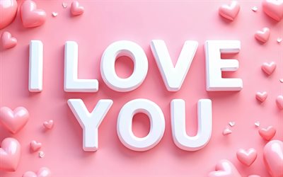 eu te amo, 4k, minimalismo, corações rosa 3d, fundo rosa, saudações do dia dos namorados, 14 de fevereiro, conceitos de amor, corações 3d, eu te amo inscrição