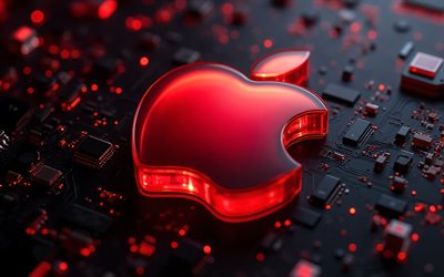 logotipo de cristal rojo de apple, 4k, placa base roja, logotipo de cristal rojo oscuro de apple, emblema de manzana, signo de manzana, logotipo de manzana, fondo de tecnología roja, manzana