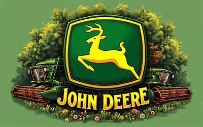 شعار جون ديري ثلاثي الأبعاد, 4k, تقليلية, خلفيات خضراء, العلامات التجارية, شعار جون ديري, جون دير