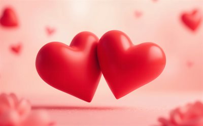 paar rote 3d herzen, 4k, roter romantischer hintergrund, valentinstag, rote 3d herzen, hintergrund mit roten herzen, romantische konzepte, liebeskonzepte, valentinstag grußkarte