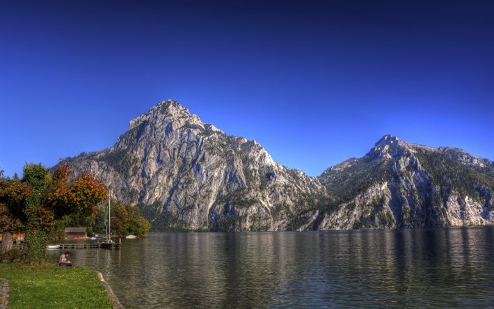 Austria, montaña, lago, cielo, HDR