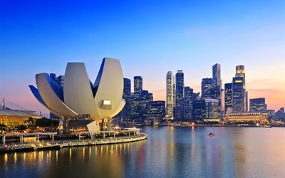 singapore, skyskrapor, bukt, kust, morgon, gryning, asien