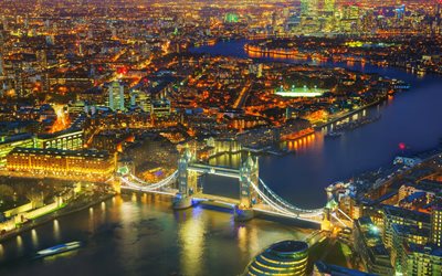 London, 4K, Tower Bridge, night lights, River Thames