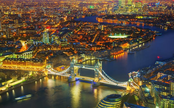 Londra, 4K, Tower Bridge, gece, ışıklar, Nehir Thames