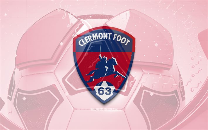 Clermont Foot 63 glossy logo, 4K, purple football background, Ligue 1, soccer, french football club, Clermont Foot 63 3D logo, Clermont Foot 63 emblem, Clermont Foot FC, football, sports logo, Clermont Foot 63