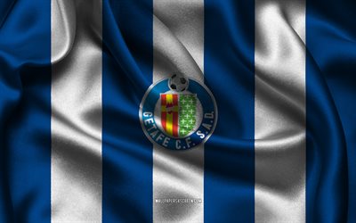 4k, logo del getafe cf, tessuto di seta bianco blu, squadra di calcio spagnola, stemma del getafe cf, la liga, getafe cf, spagna, calcio, bandiera getafe cf, getafe